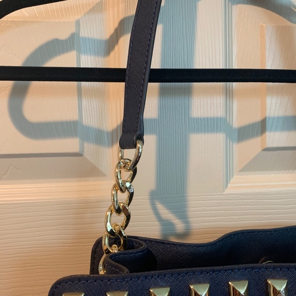 Michael Kors Navy Blue Hamilton Studded Leather Large Tote Handbag - Picture 3 of 12